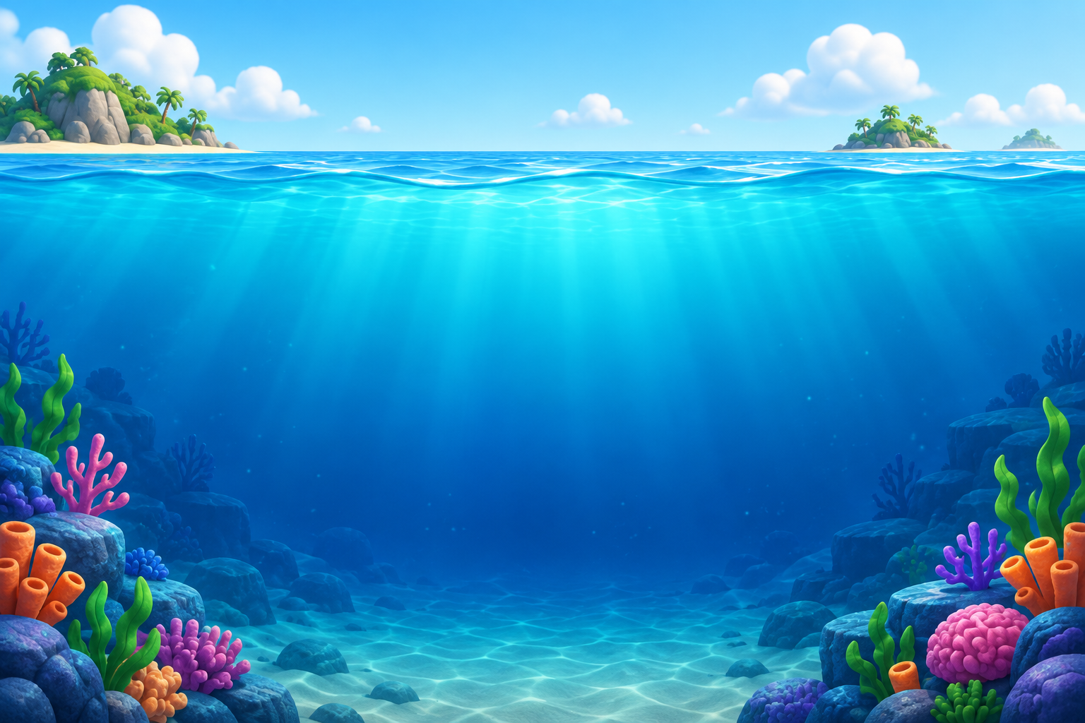 A blue ocean with coral reefs and islands